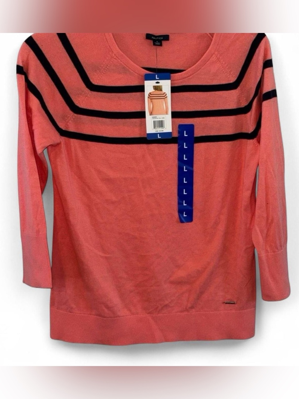 NWT Nautica Women's Sweater Size L Coral Navy 3/4 Sleeve Crew Neck Preppy